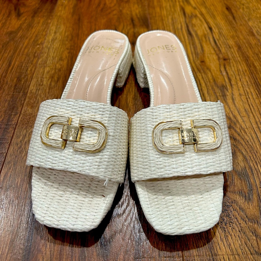 Jones New York Women's Cream Mules with Gold Buckle